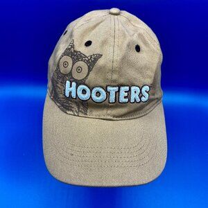 HOOTERS Vintage Tan Baseball Hat Cap with Blue Lettering Elastic Band Rare Find